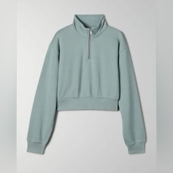 Aritzia Tops - Aritzia TNA Cozy Cropped Fleece Perfect 1/4 Zip Sweatshirt Size XS Light Blue